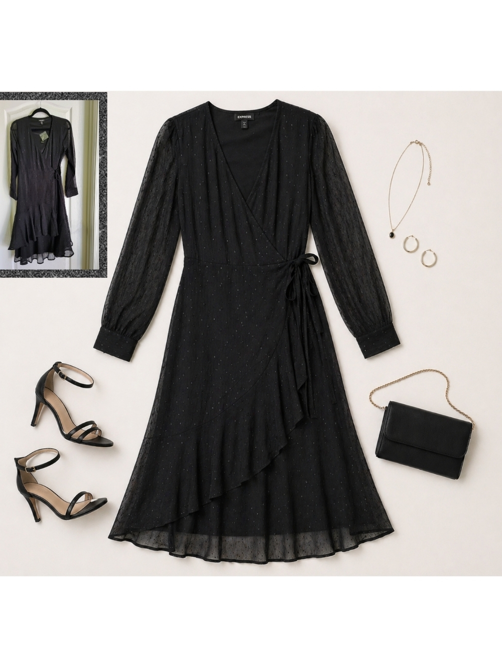 NWT EXPRESS Petite V-neck Wrap Black Dress, S - Picture 7 of 9